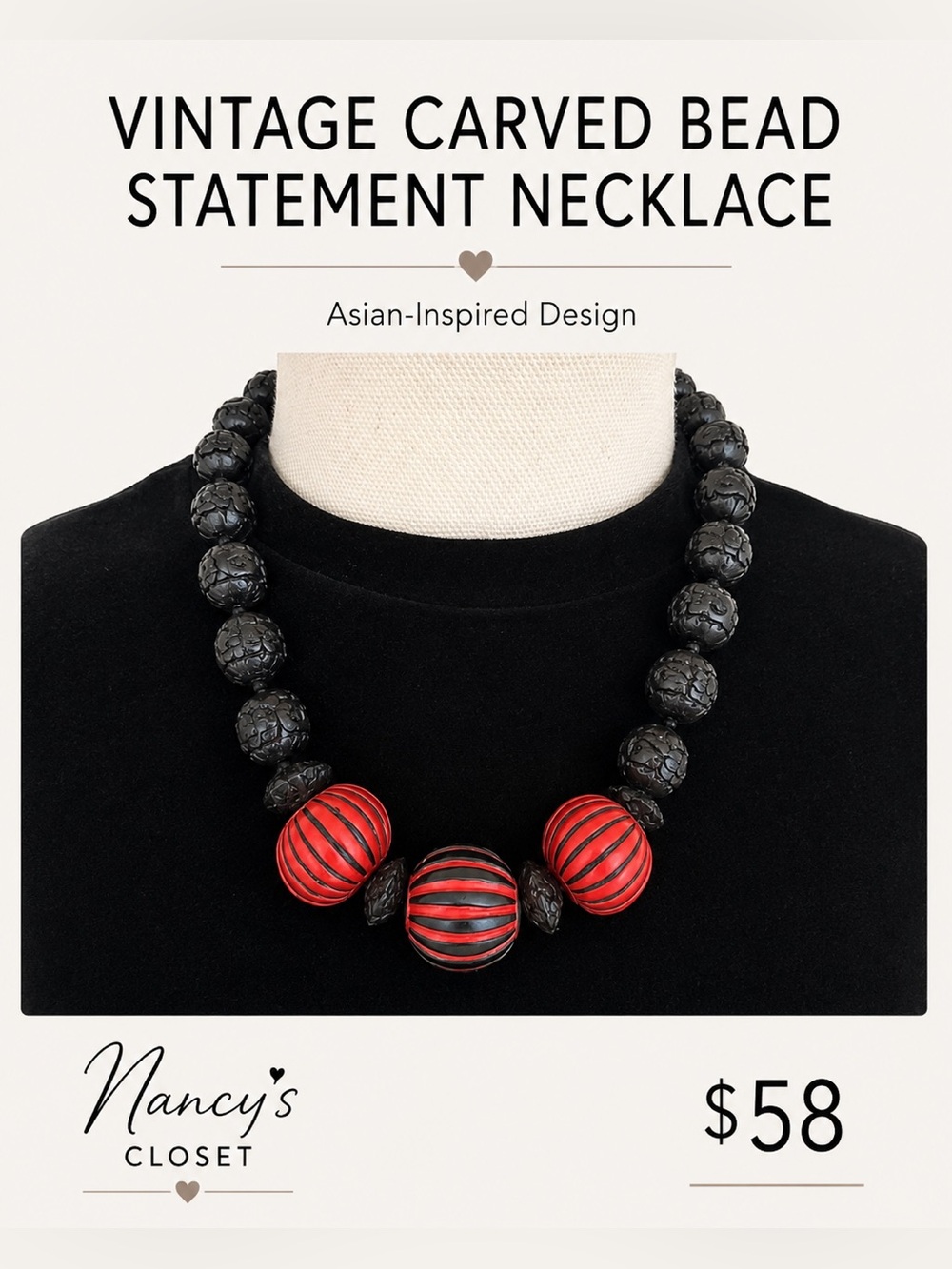 Vintage Carved Bead Statement Necklace - Black & Red